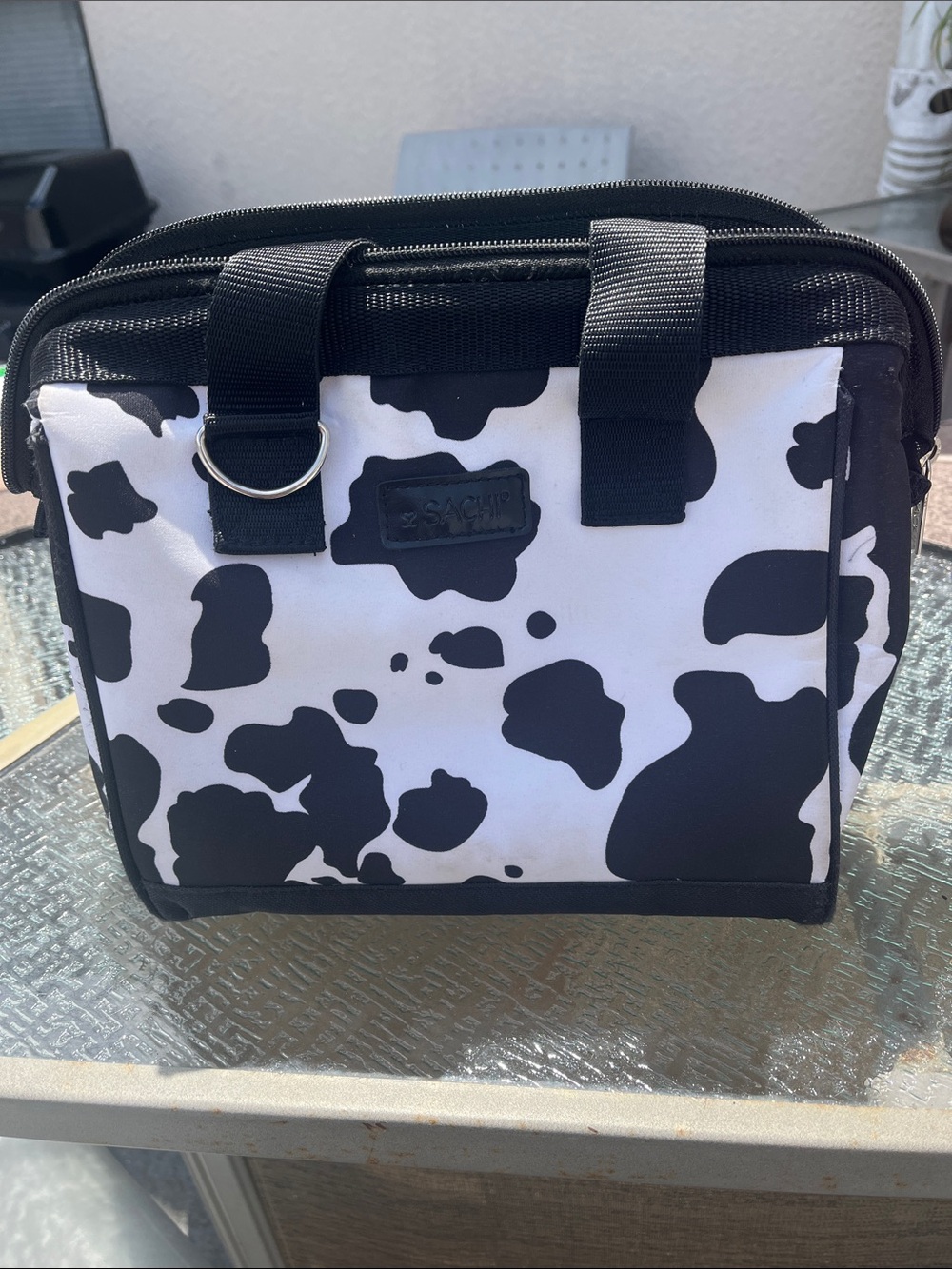 SACHI Black & White Cow Print Tote Insulated lunch bag